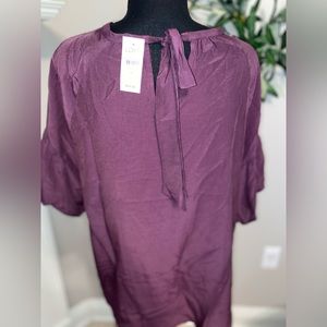 NWT Ann Taylor LOFT Dark Purple Short Sleeve Blouse Gathered Neckline Back Bow M